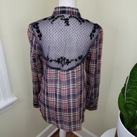 Free People Floral Lace Insert Plaid Cotton Top Long Sleeve Women's Size S - Picture 5 of 13